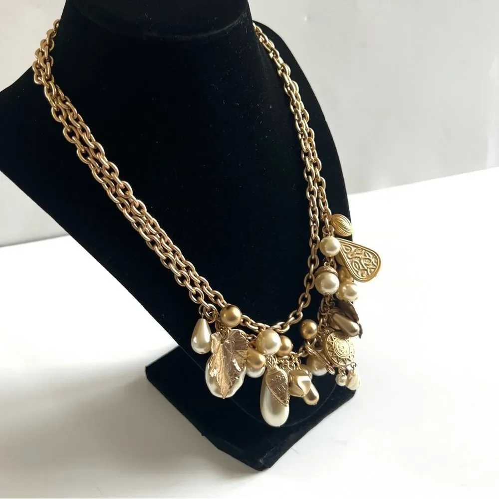 Pearl Gold Tone Dual Chain Charm Necklace